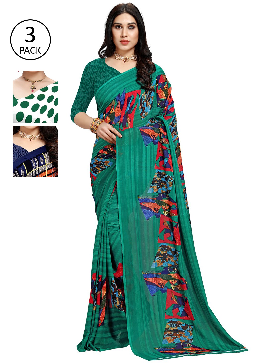 

KALINI Women Pack of 3 Printed Poly Georgette Sarees, White