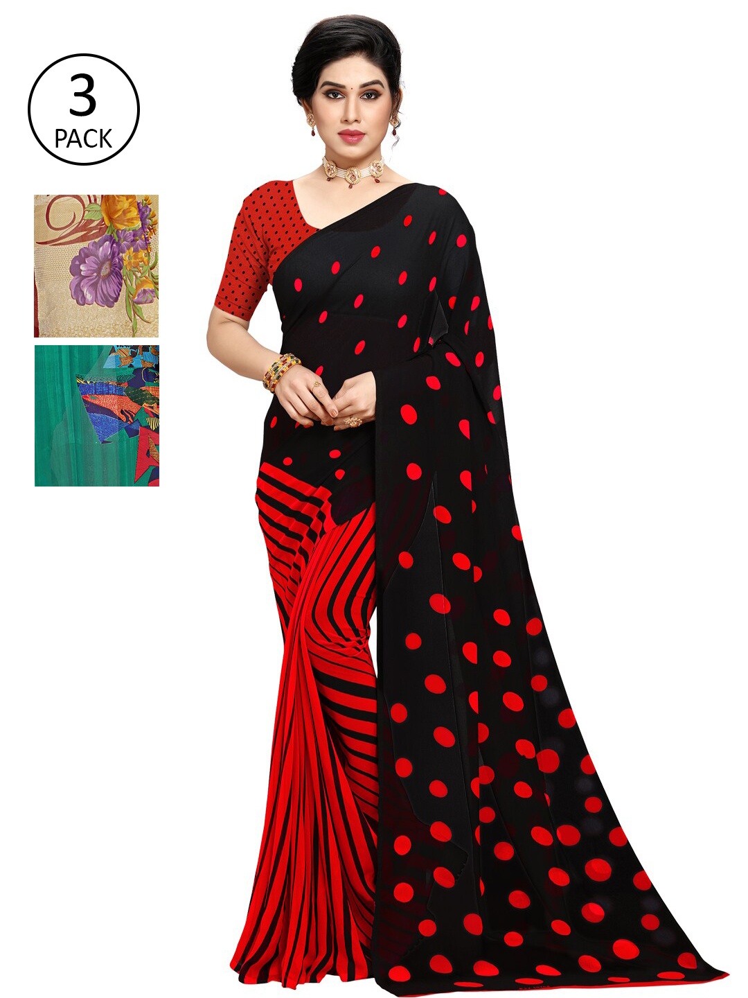 

KALINI Multicoloured Set of 3 Poly Georgette Saree, Multi