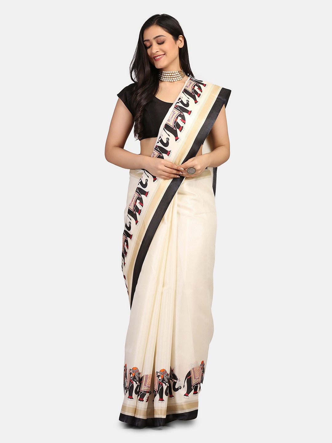 

Mirraw Cream & Black Ethnic Motifs Art Silk Fusion Saree