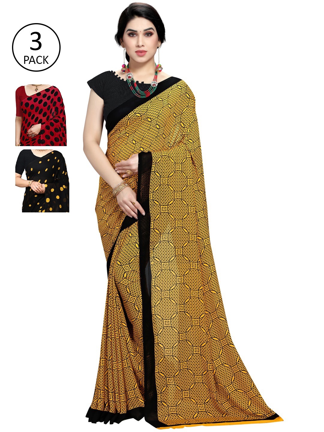 

KALINI Pack of 3 Red & Yellow Saree