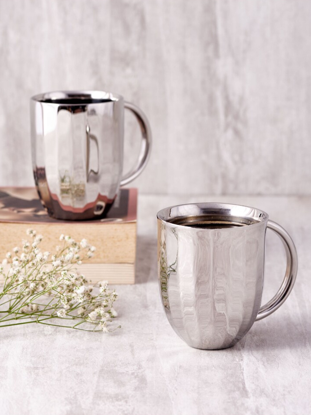 

ARTTDINOX Set Of 2 Steel-Toned Solid Stainless Steel Glossy Dome Coffee Mugs
