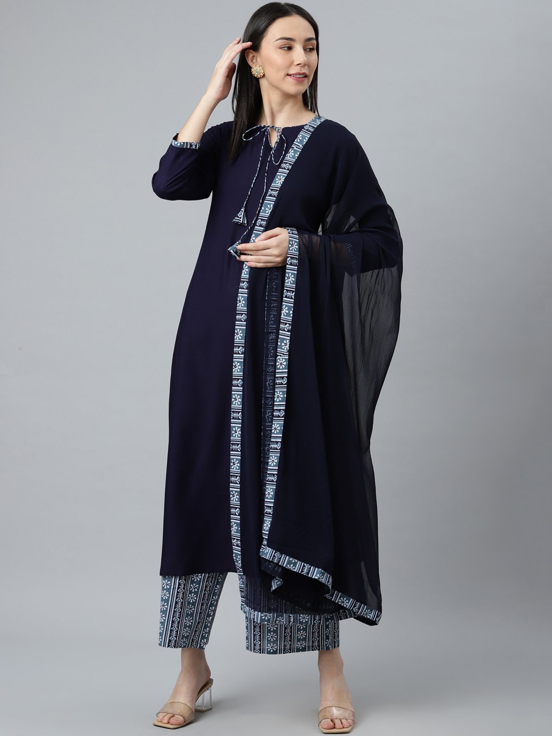 

Libas Women Blue Ethnic Motifs Panelled Kurta with Palazzo & With Dupatta