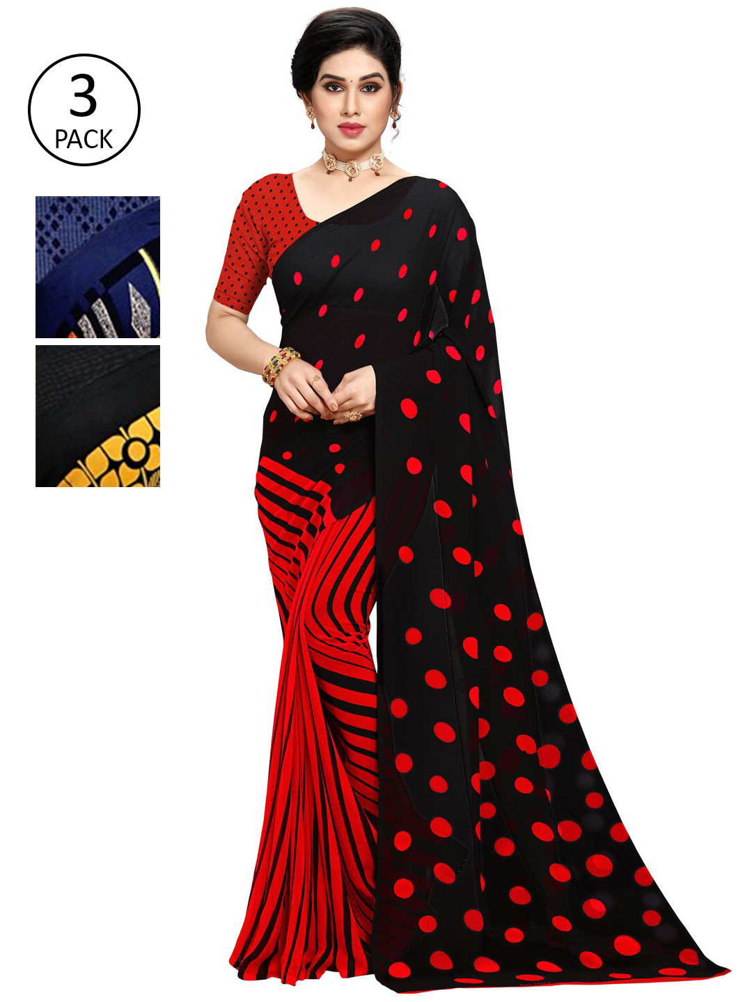 

KALINI Pack of 3 Poly Georgette Printed Sarees, Navy blue