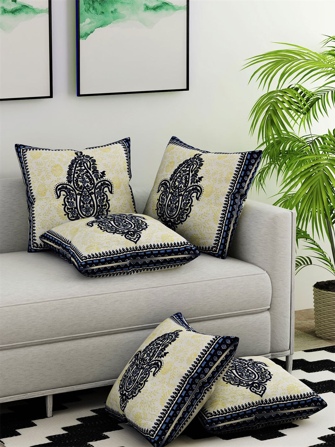 

Salona Bichona White & Yellow Set of 5 Ethnic Motifs Square Cushion Covers