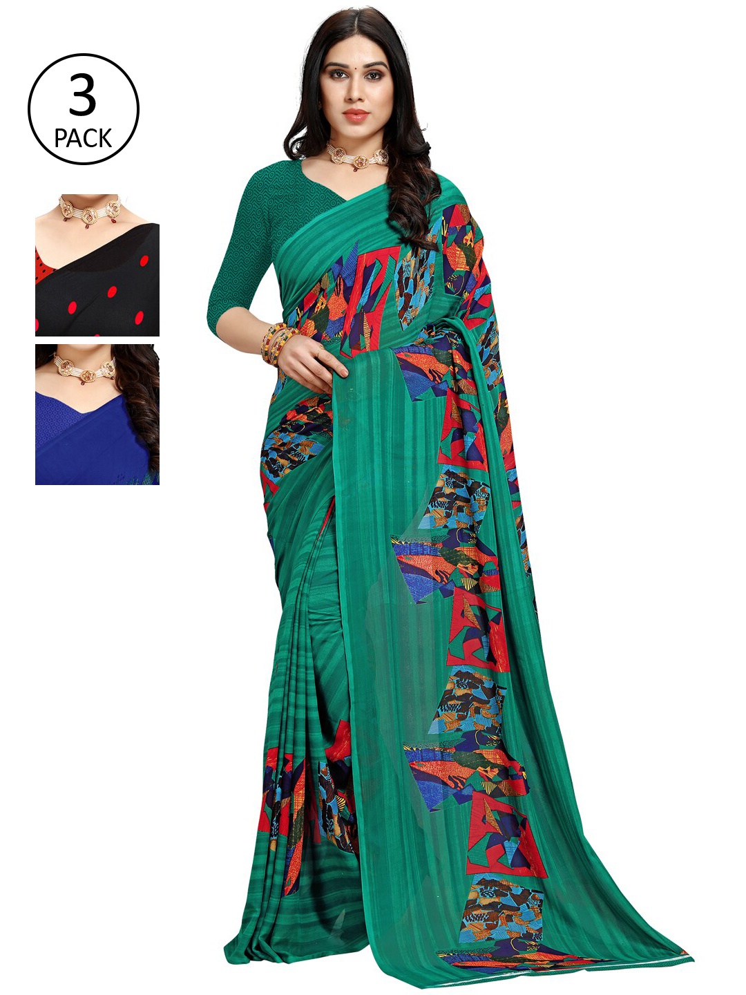 

KALINI Pack Of 3 Multicoloured Poly Georgette Sarees, Multi