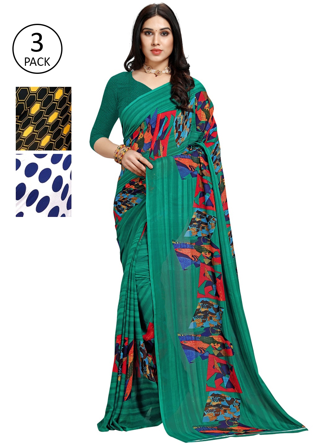 

KALINI Pack Of 3 Multicoloured Poly Georgette Sarees, Multi