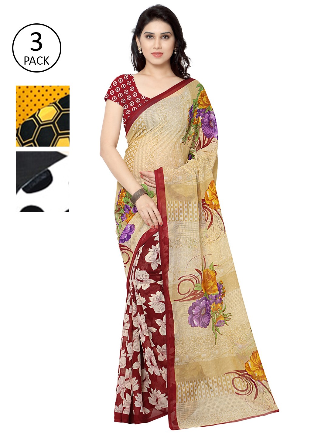 

KALINI Pack of 3 Printed Saree, Beige