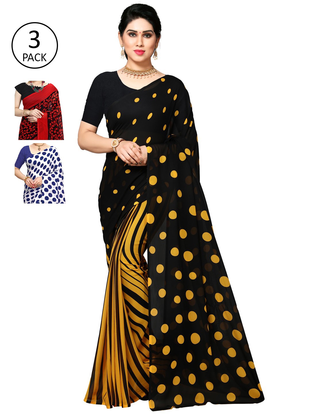 

KALINI Pack of 3 Poly Georgette Sarees, Red