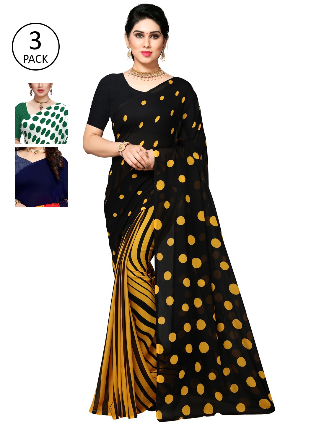 

KALINI Women Pack of 3 Printed Poly Georgette Sarees, Black
