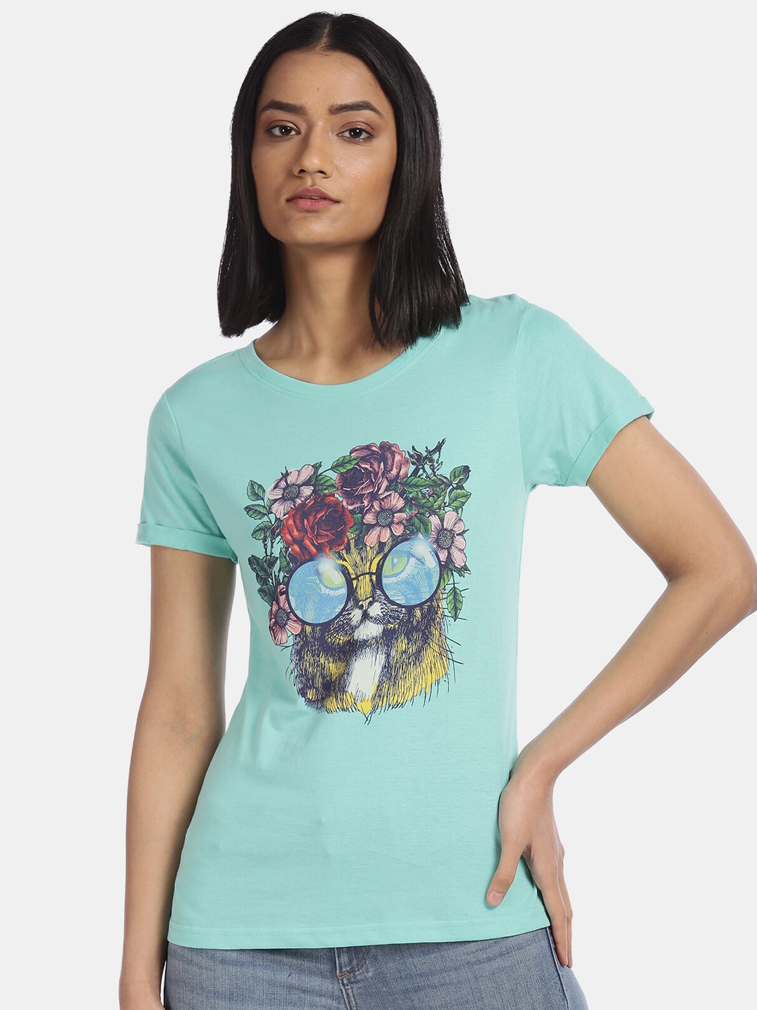 

Sugr Women Turquoise Blue Printed Pure Cotton T-shirt