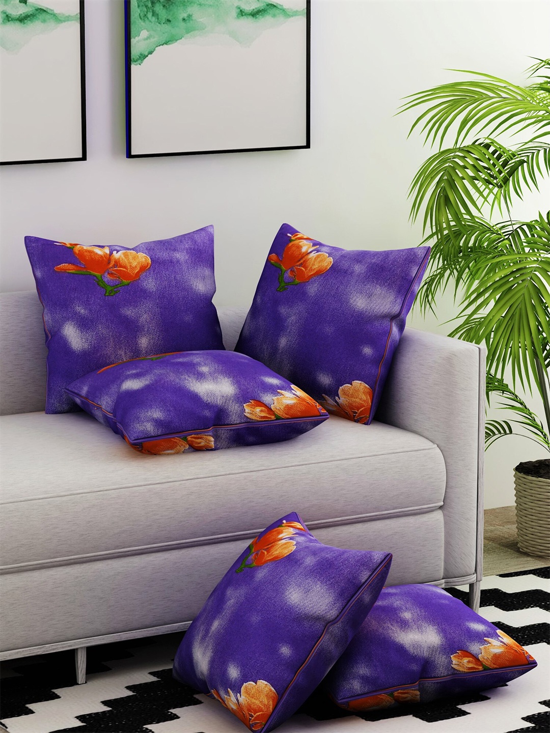 

Salona Bichona Navy Blue Set of 5 Floral Square Cotton Cushion Covers