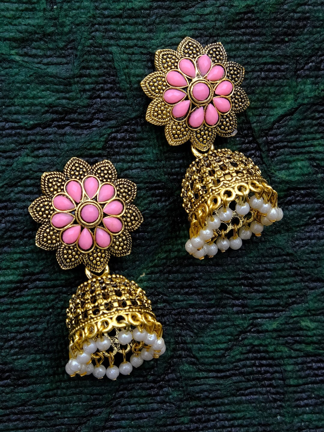Crunchy Fashion Pink & Gold-Plated Floral Jhumkas Earrings