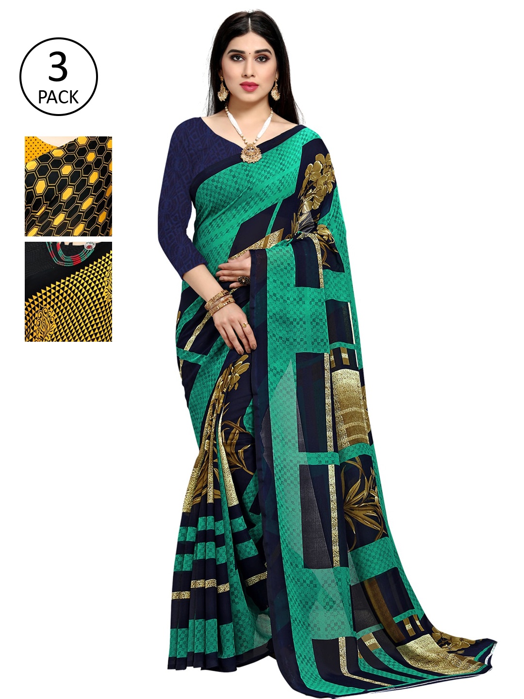

KALINI Multicoloured Set of 3 Poly Georgette Saree, Multi