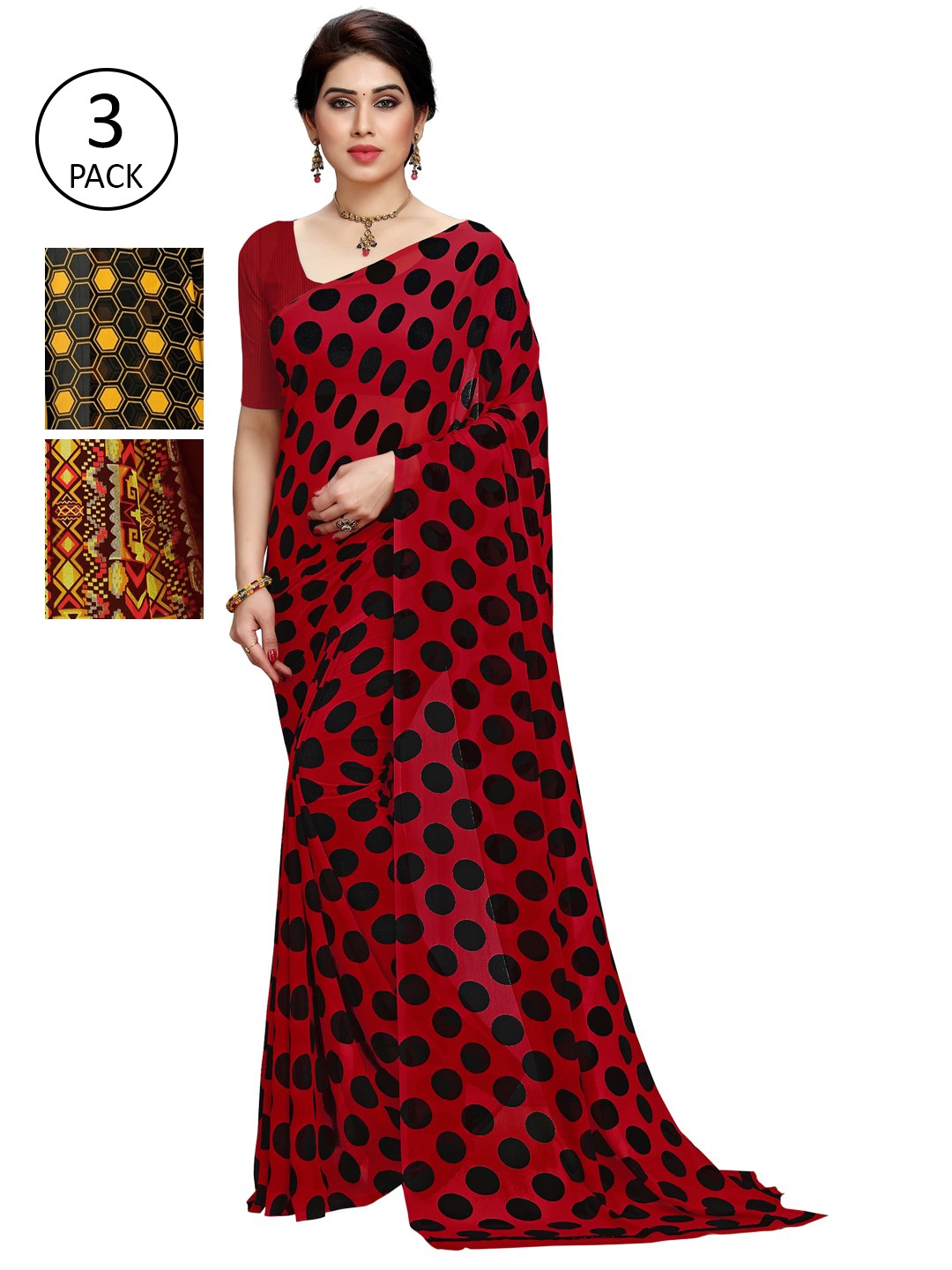 

KALINI Pack Of 3 Poly Georgette Sarees, Red