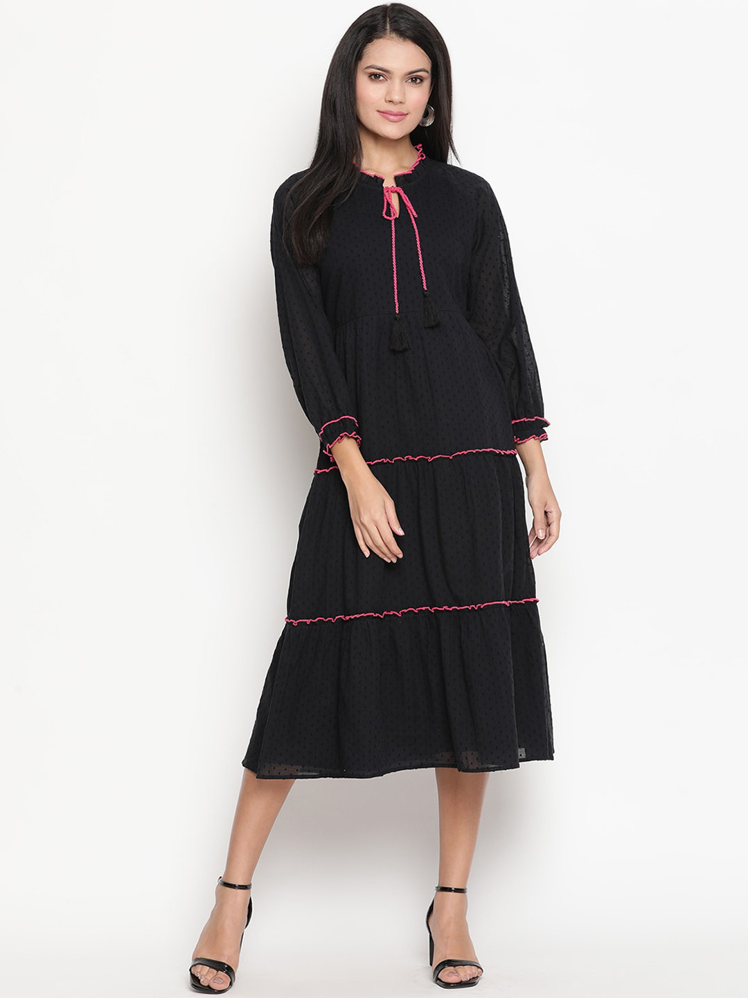 

HOUSE OF KKARMA Black & Pink Tie-Up Neck A-Line Midi Dress