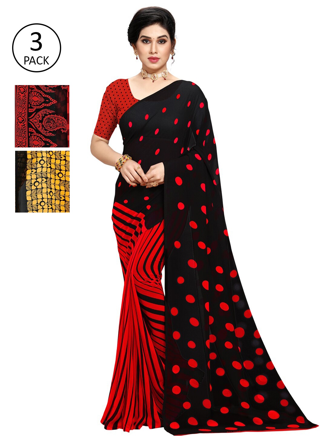 

KALINI Pack of 3 Poly Georgette Sarees, Red
