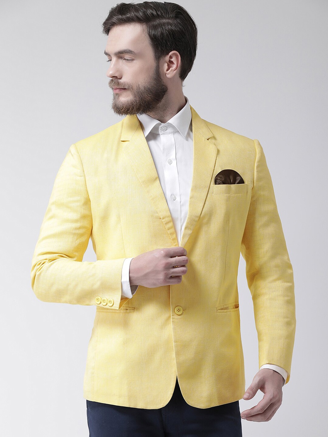 

Hangup Men Yellow Solid Pure Linen Formal Blazer