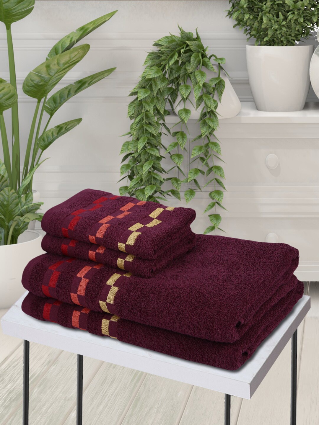 

BIANCA Set Of 4 Bumpy-Striped 450 GSM Mercerized Pure Combed Cotton Towels, Purple