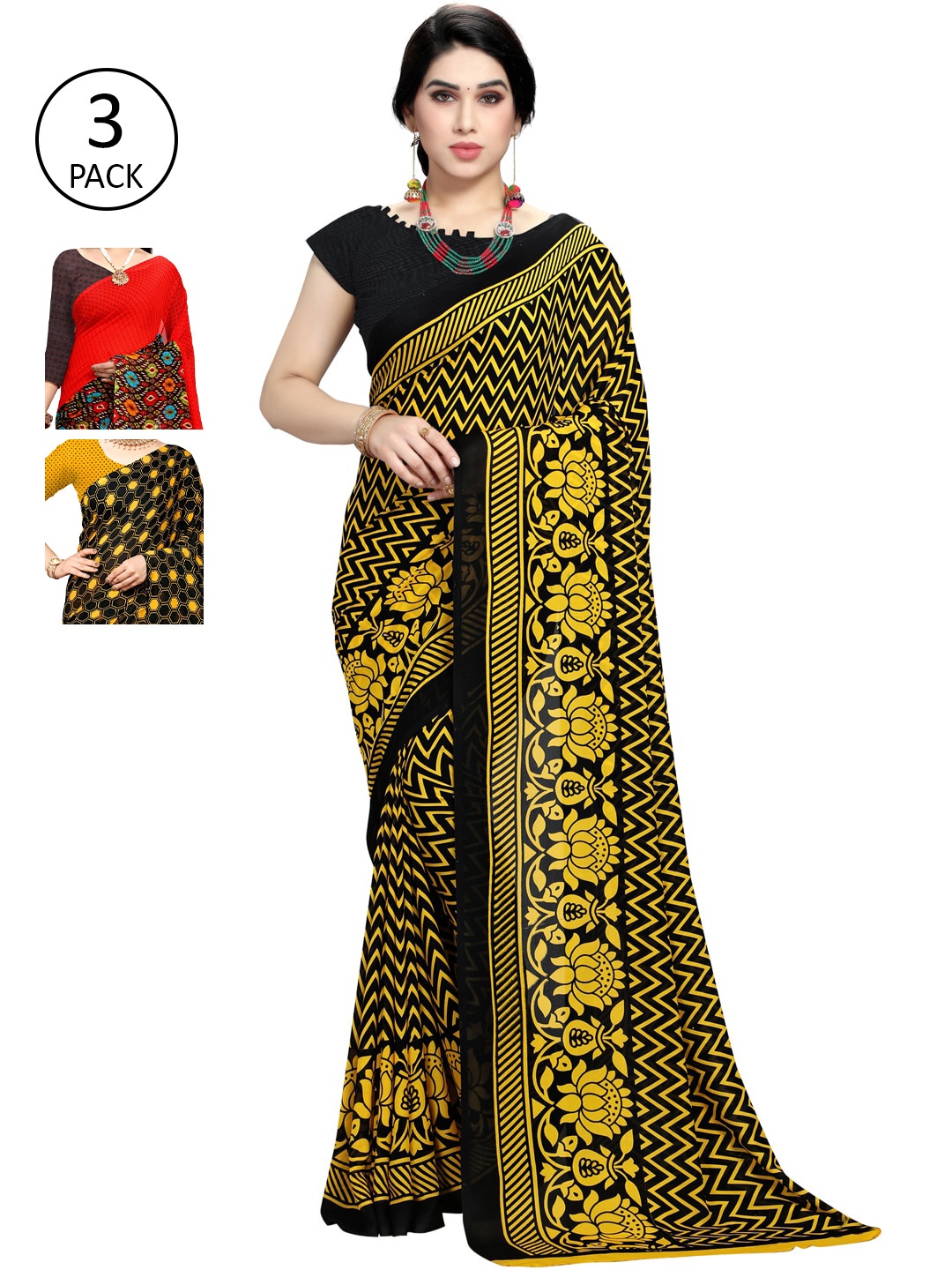 

KALINI Pack of 3 Poly Georgette Sarees, Black