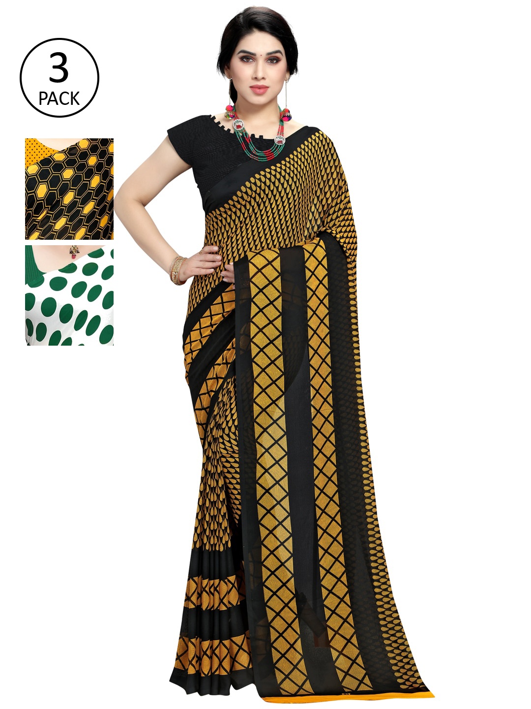 

KALINI Pack of 3 Yellow & Black Saree