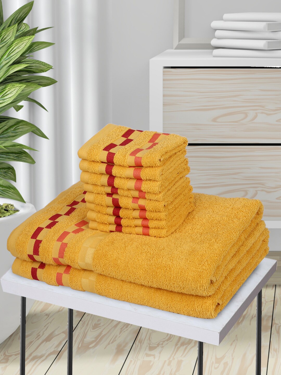

BIANCA Set Of 10 Yellow & Red Striped Pure Cotton 450 GSM Towel Set