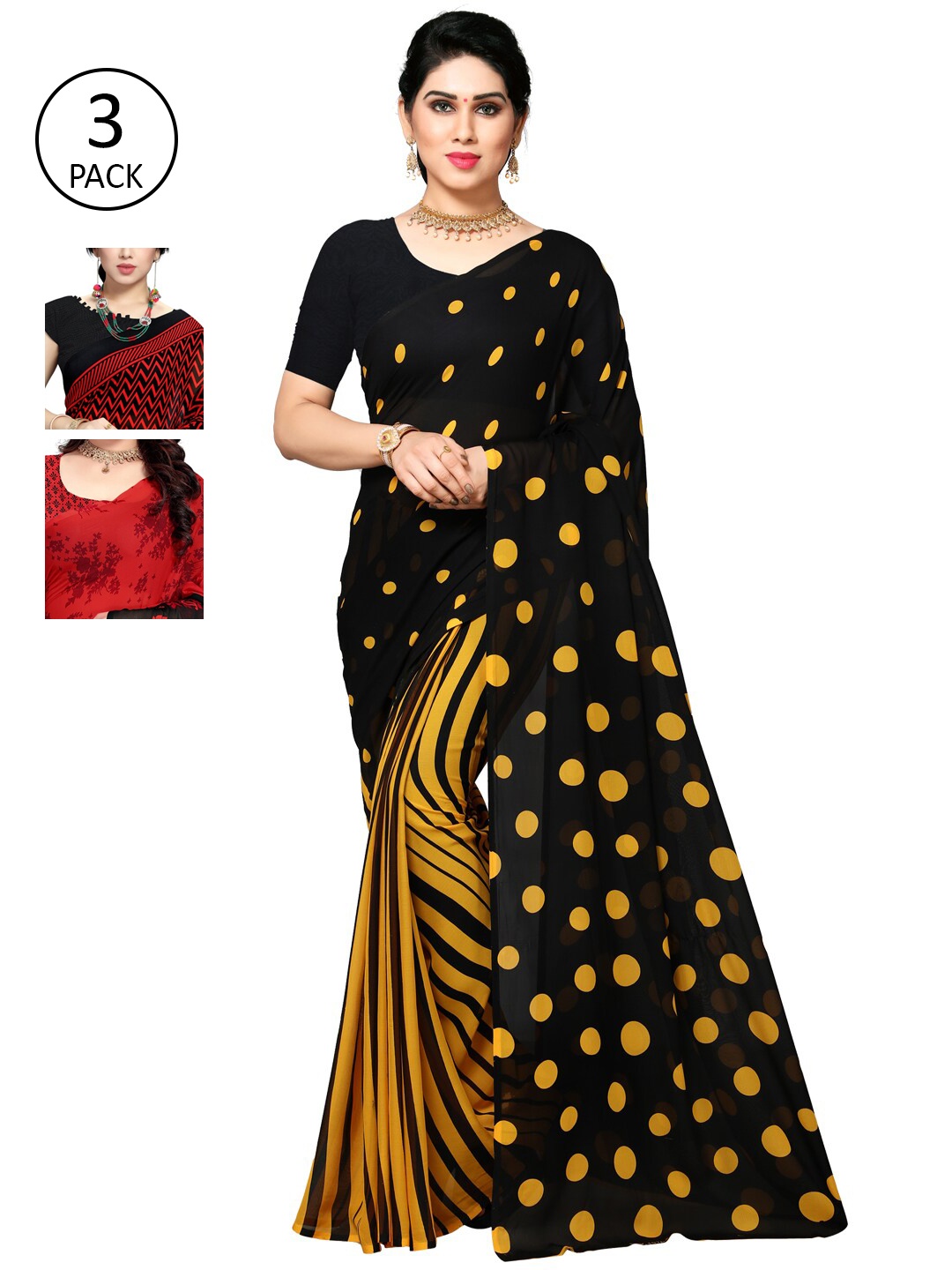

KALINI Pack Of 3 Poly Georgette Sarees, Black