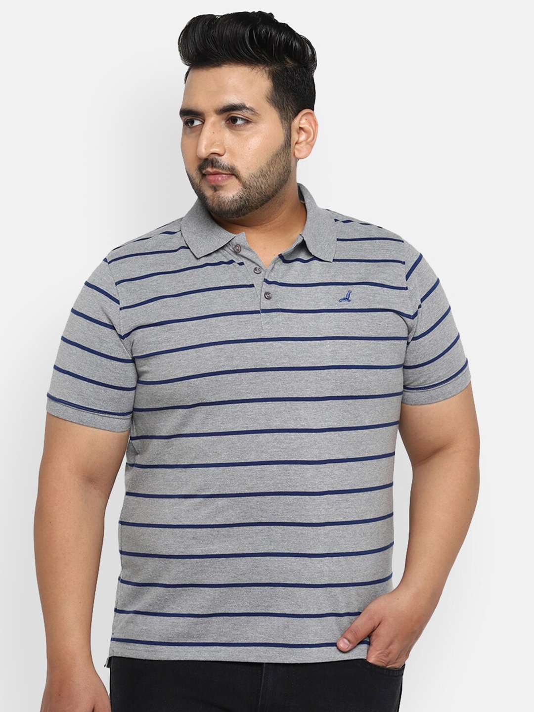 

American Crew Plus Men Grey Melange Striped Polo Collar T-shirt