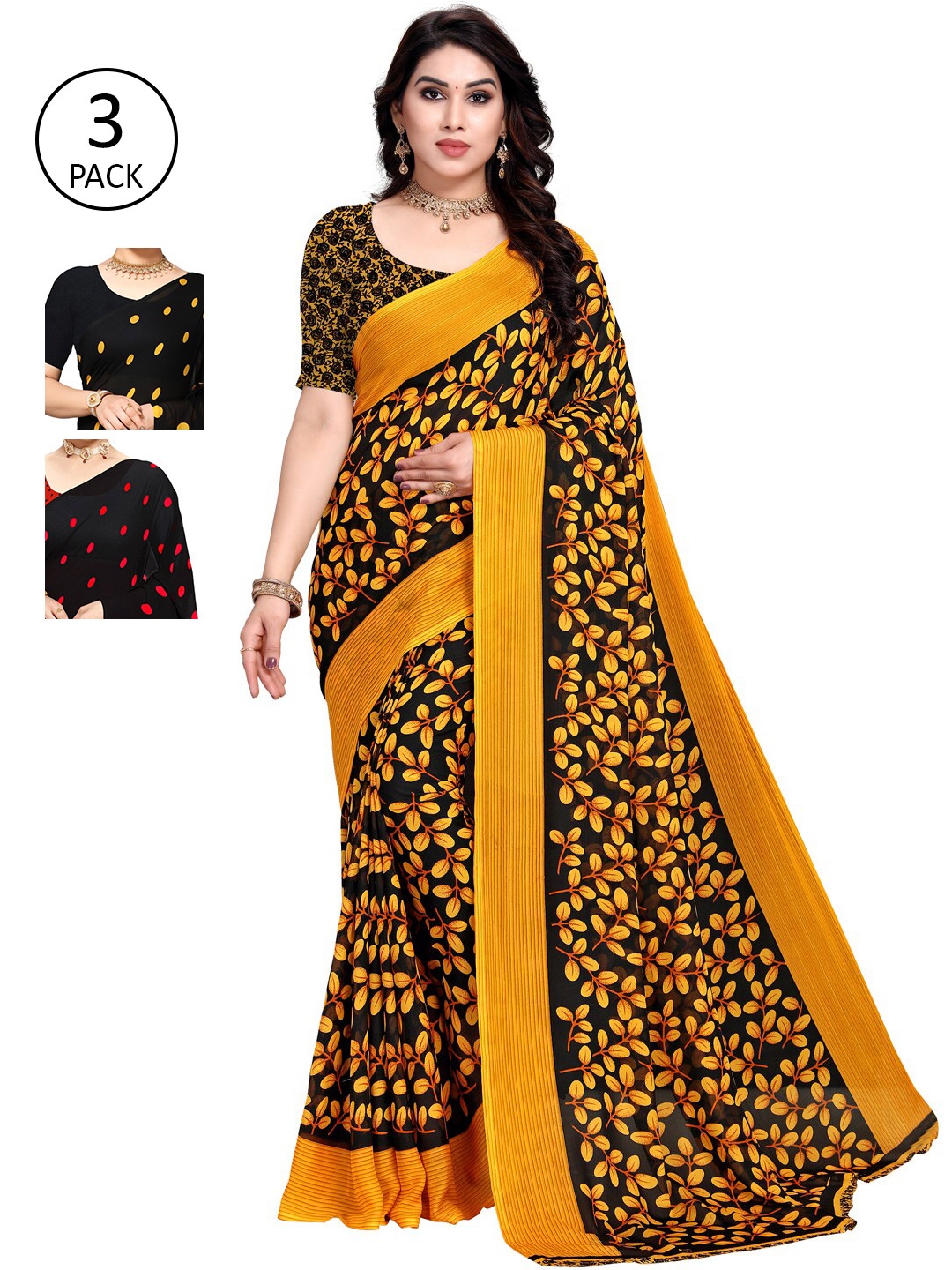 

KALINI Multicoloured Set of 3 Poly Georgette Saree, Multi