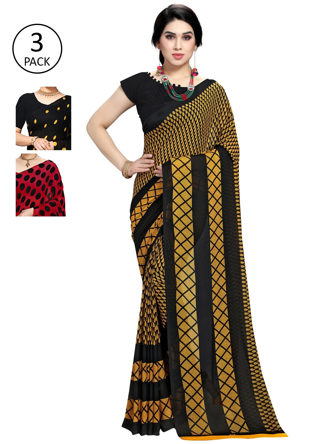 

KALINI Yellow & Black Pack of 3 Printed Saree