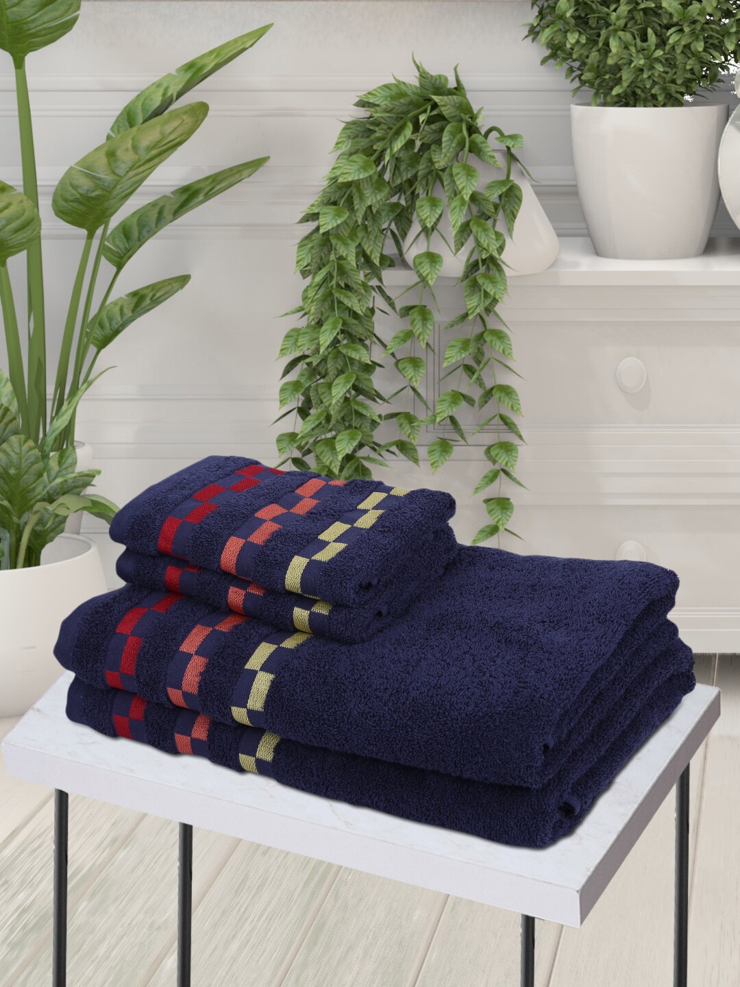 

BIANCA Set Of 4 Navy Blue & Red Striped Pure Cotton 450 GSM Towel Set