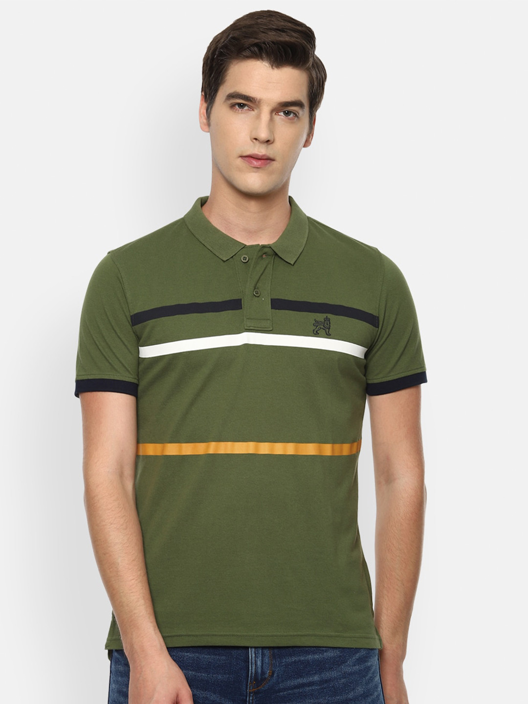 

Van Heusen Sport Men Olive Striped Polo Collar T-shirt