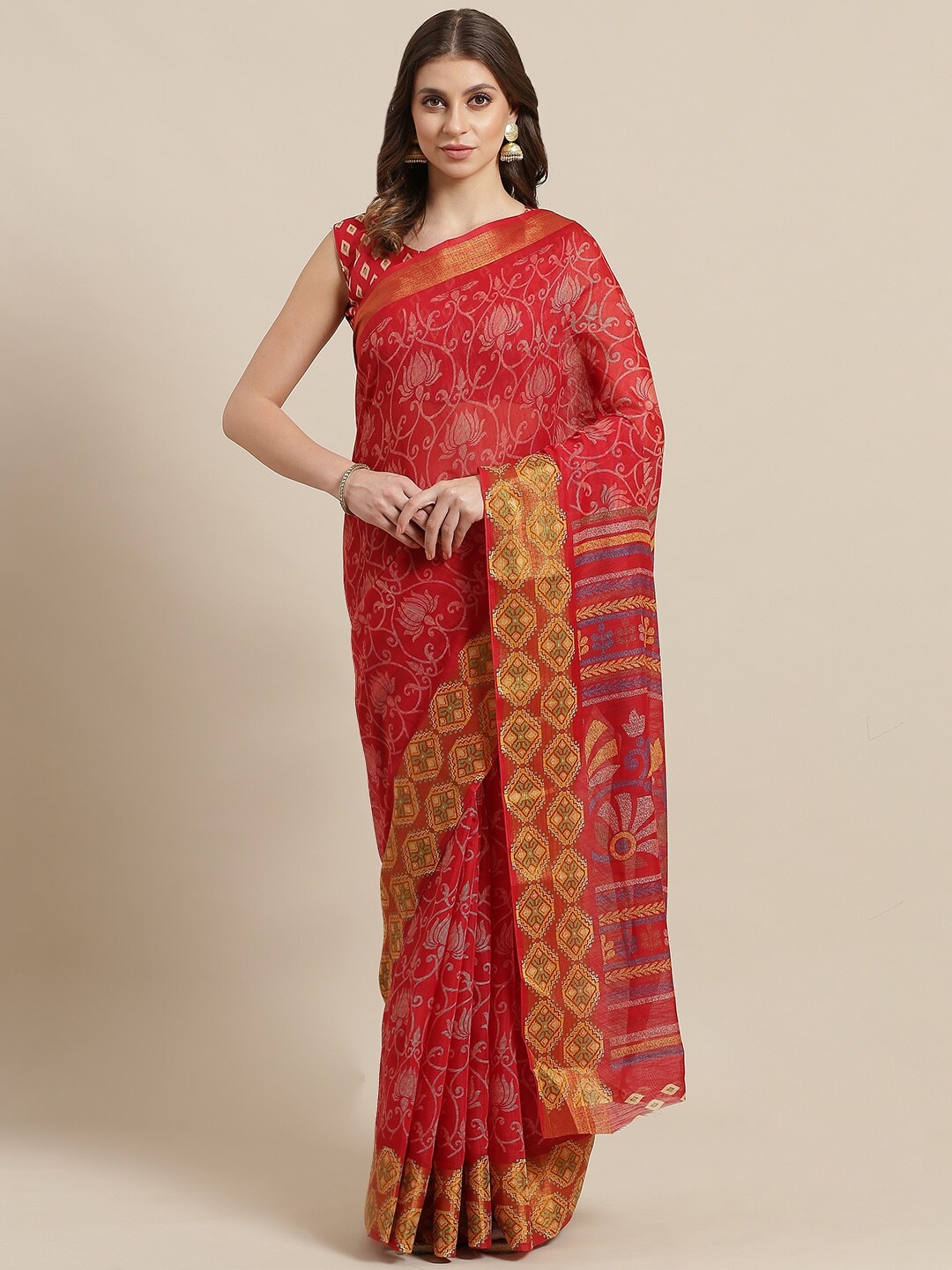 

Saree mall Red & Blue Floral Zari Brasso Sarees