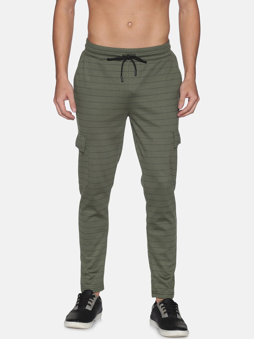 

Campus Sutra Men Olive Green Striped Printed Cotton Track Pants