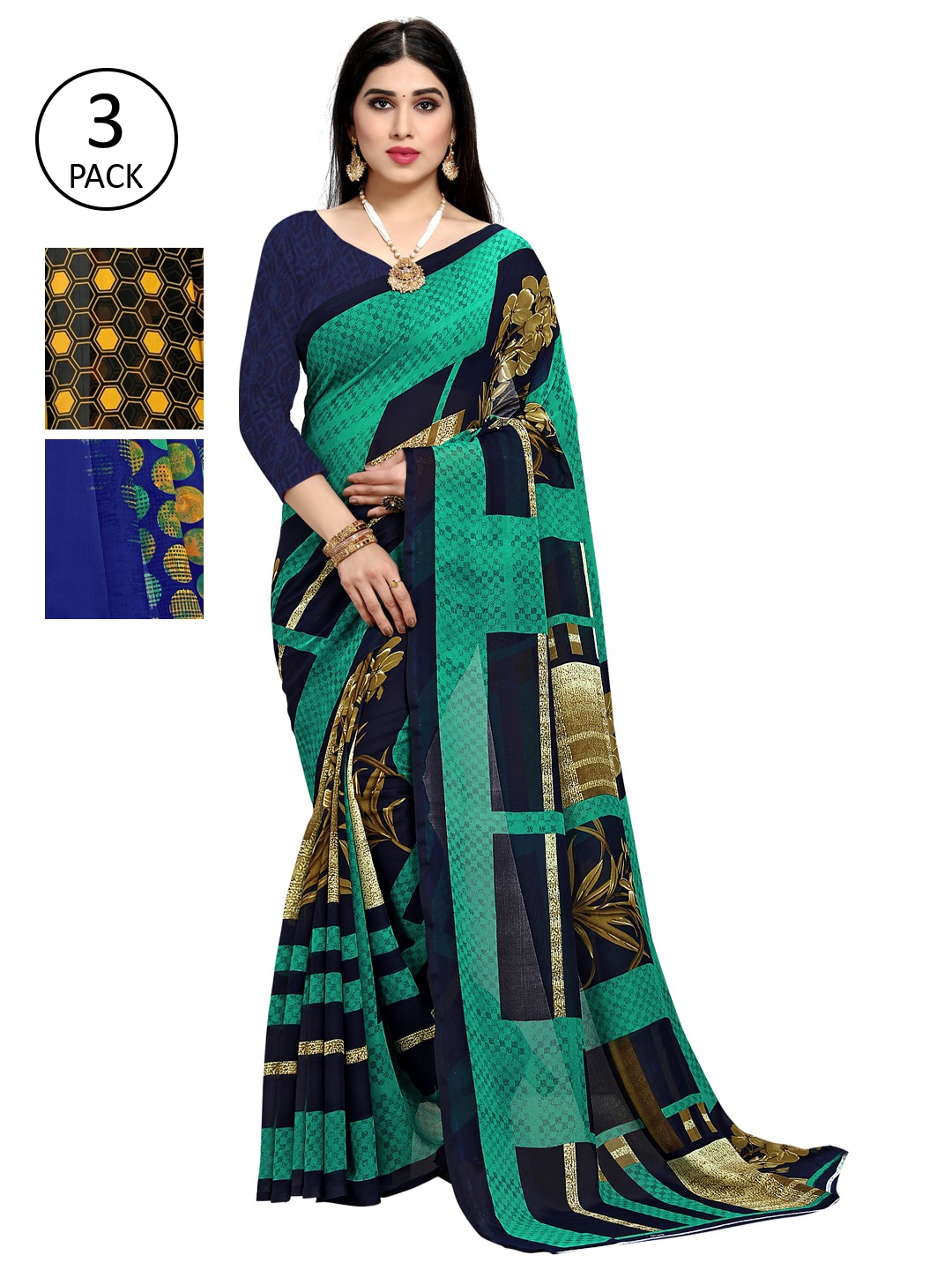 

KALINI Women Pack of 3 Printed Poly Georgette Sarees, Teal