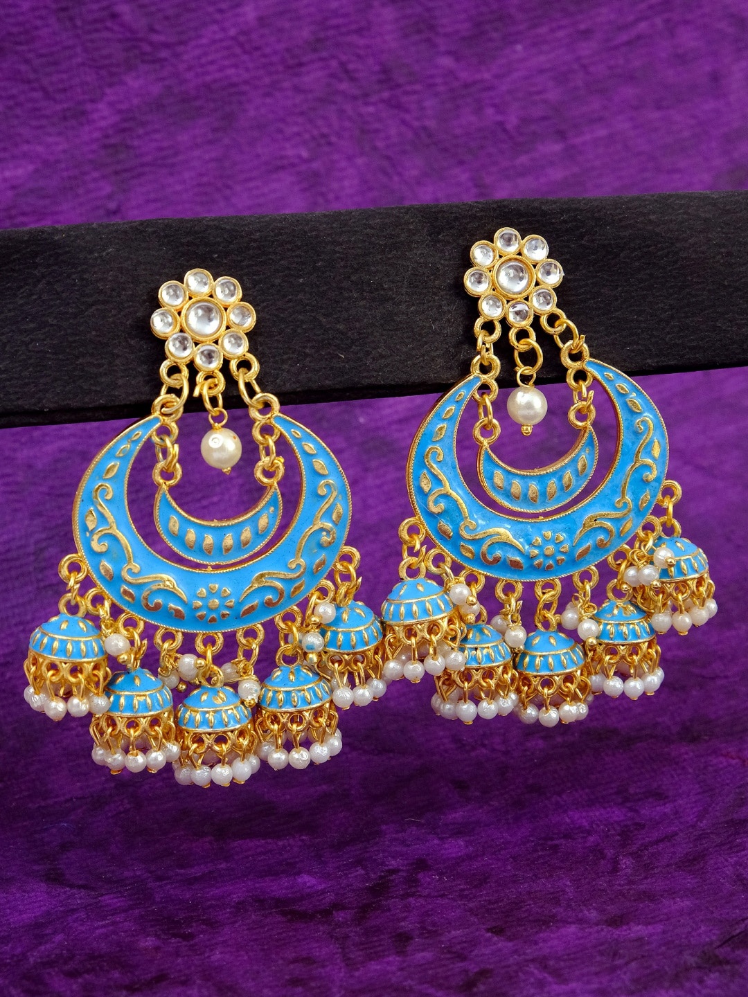 

Crunchy Fashion Blue & Gold-Plated Classic Chandbalis Earrings