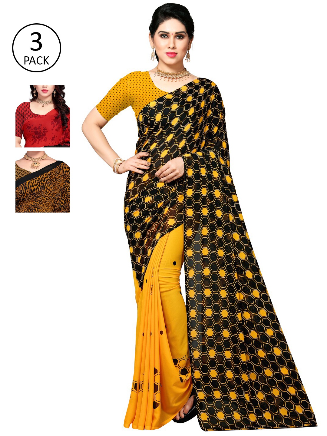 

KALINI Red & Black Pack of 3 Printed Saree