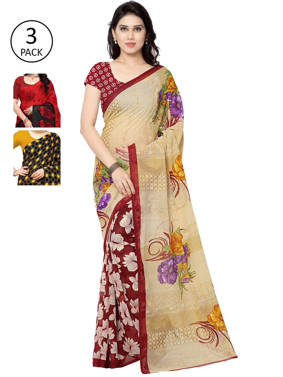 

KALINI Pack Of 3 Poly Georgette Sarees, Beige
