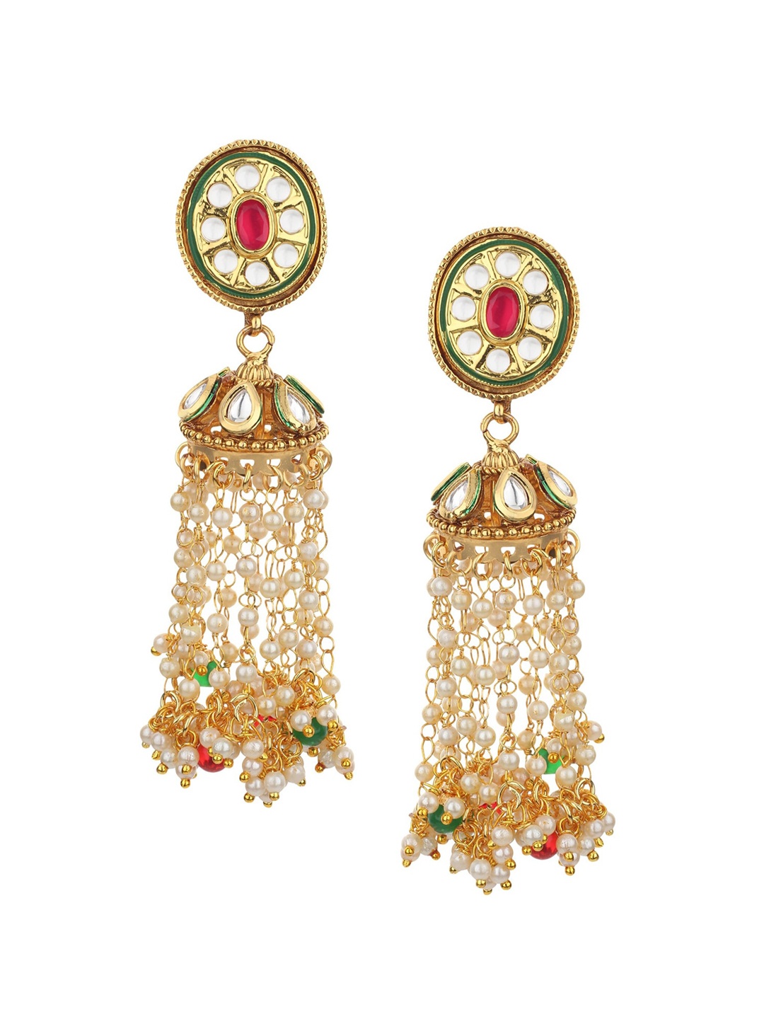 

Runjhun Gold-Plated & White Contemporary Jhumkas Earrings