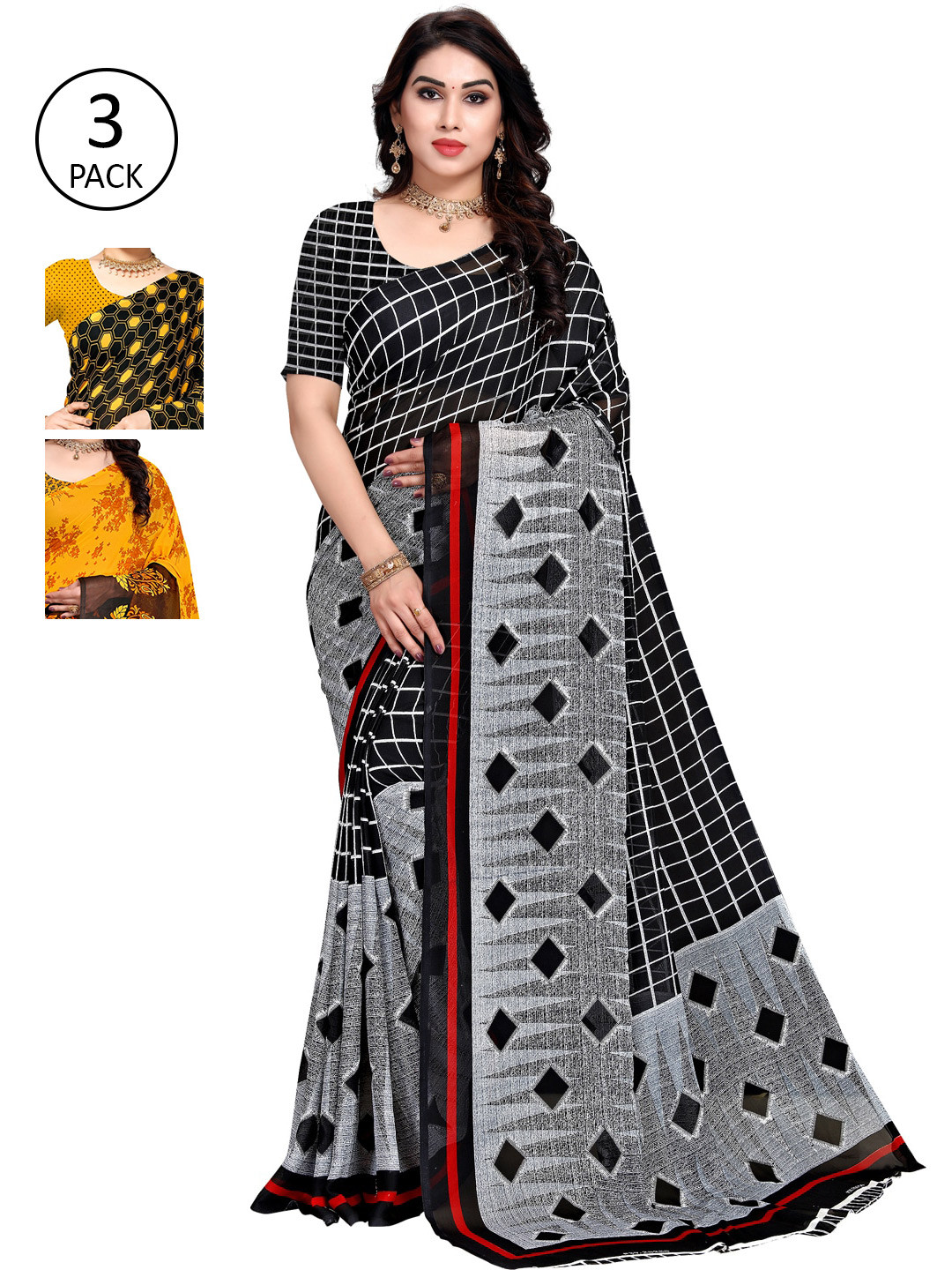 

KALINI Pack of 3 Printed Poly Georgette Saree, Multi