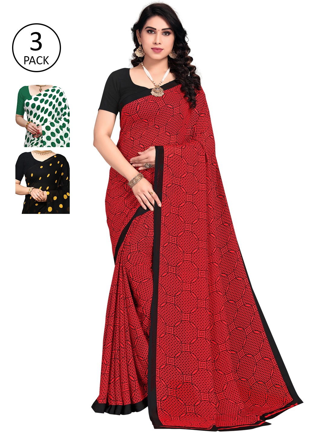 

KALINI White & Green Pack of 3 Printed Saree