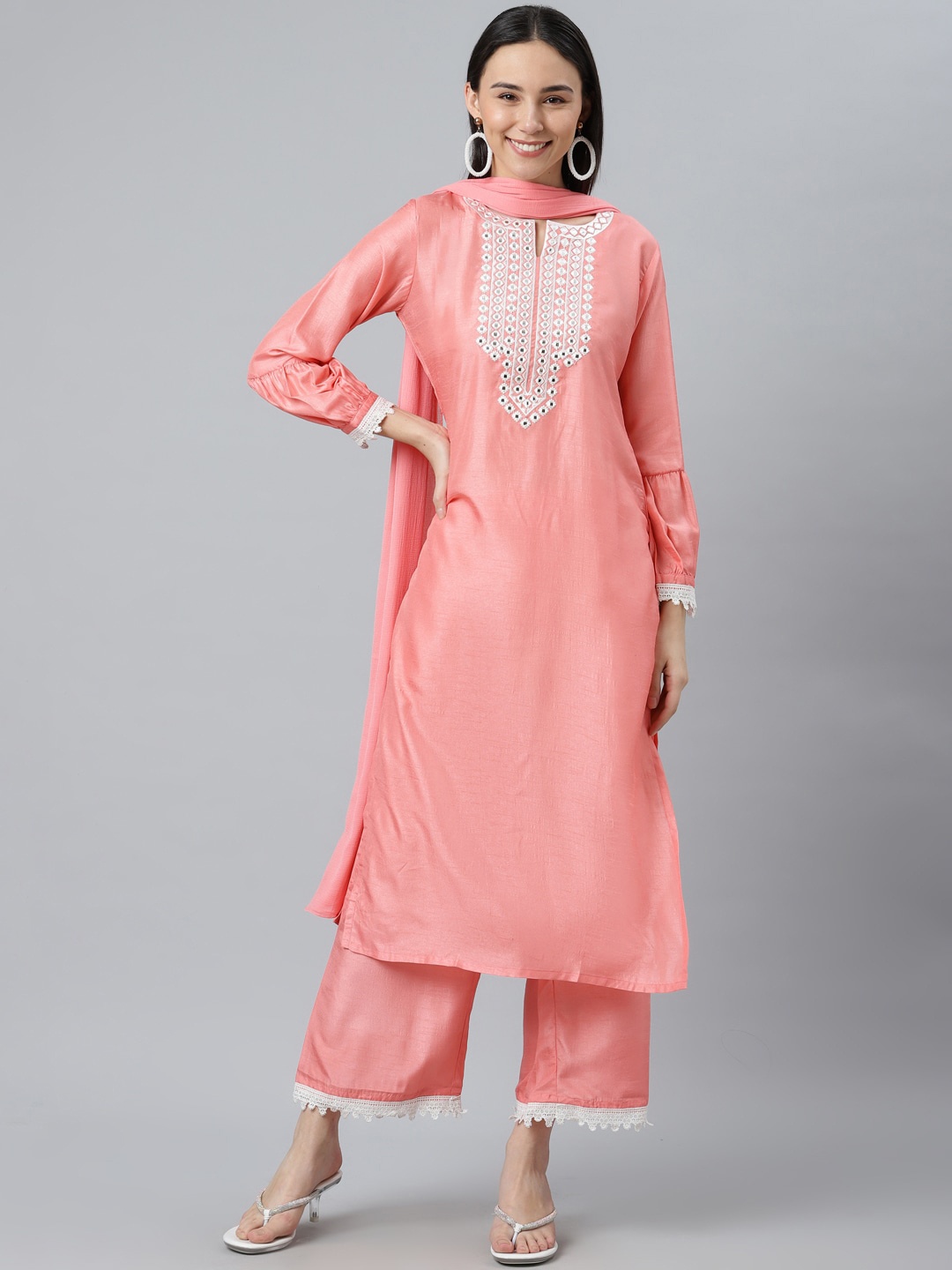 

Libas Women Pink Embroidered Layered Kurti with Palazzos