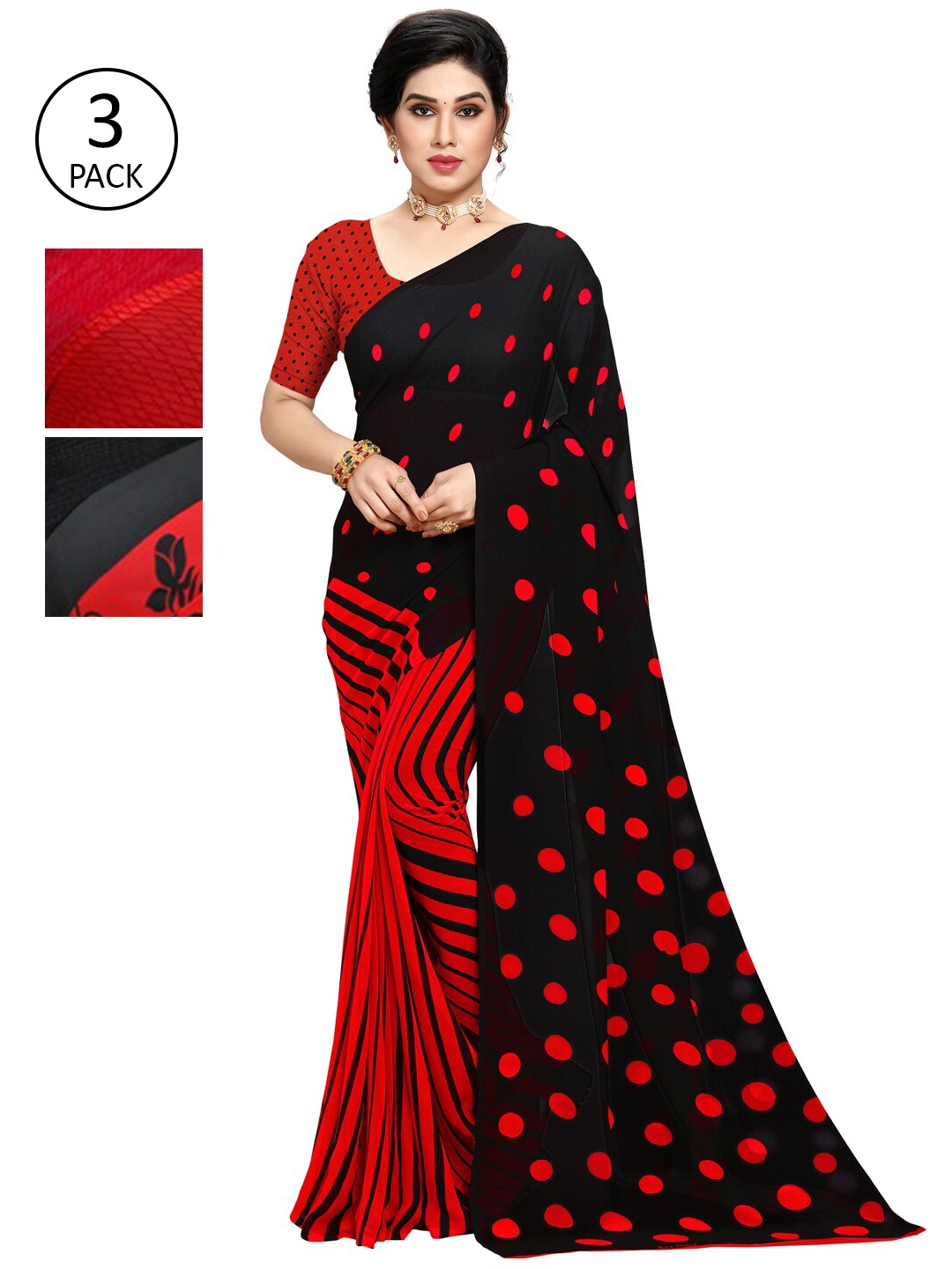 

KALINI Multicoloured Set of 3 Poly Georgette Saree, Multi