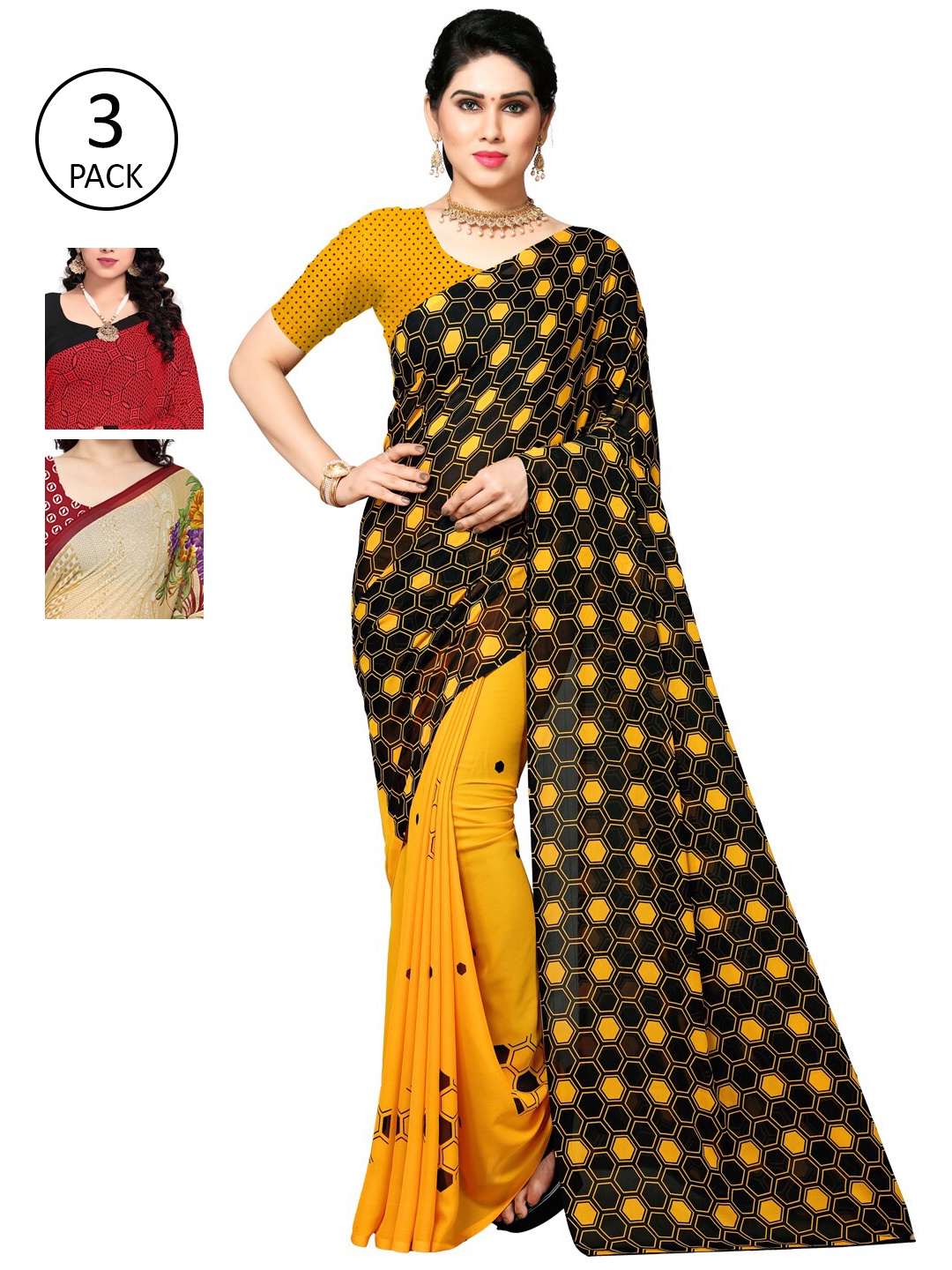 

KALINI Multi Pack of 3 Printed Poly Georgette Saree