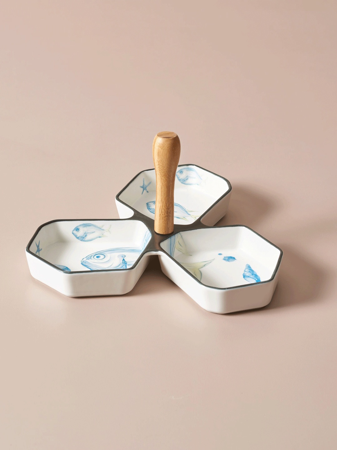 THEDECORKART White & Blue Printed Ceramic & Wooden Condiment Server