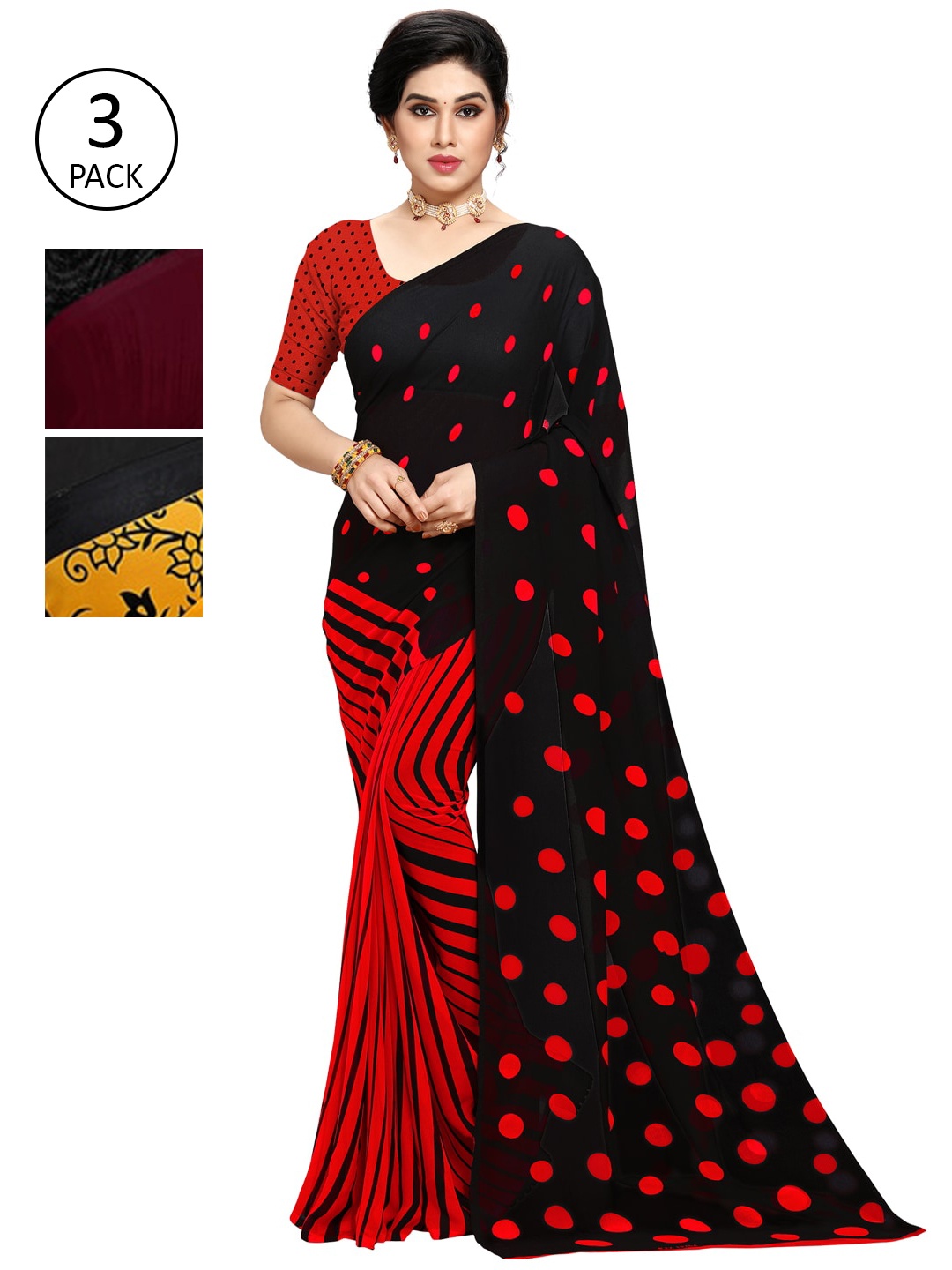 

KALINI Pack of 3 Poly Georgette Sarees, Black