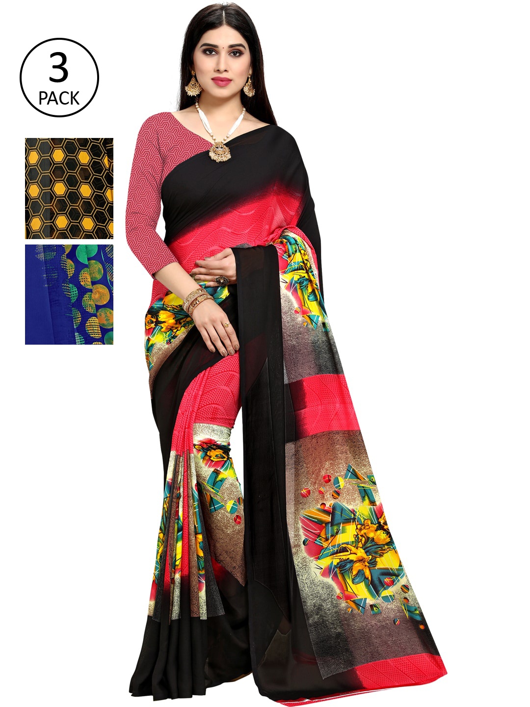 

KALINI Pack of 3 Yellow & Blue Saree