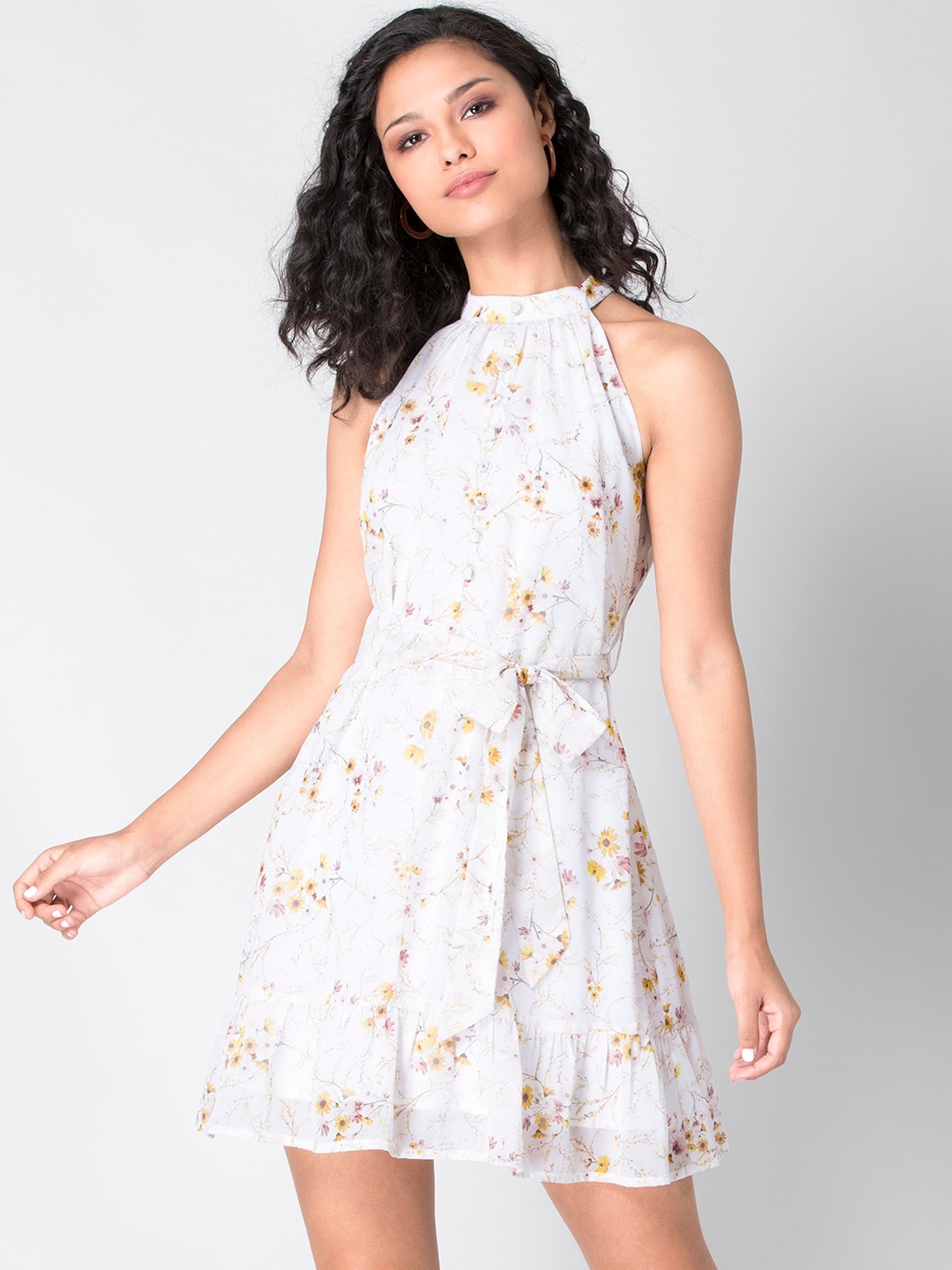 

FabAlley Women White & Yellow Floral Belted Fit and Flare Dress