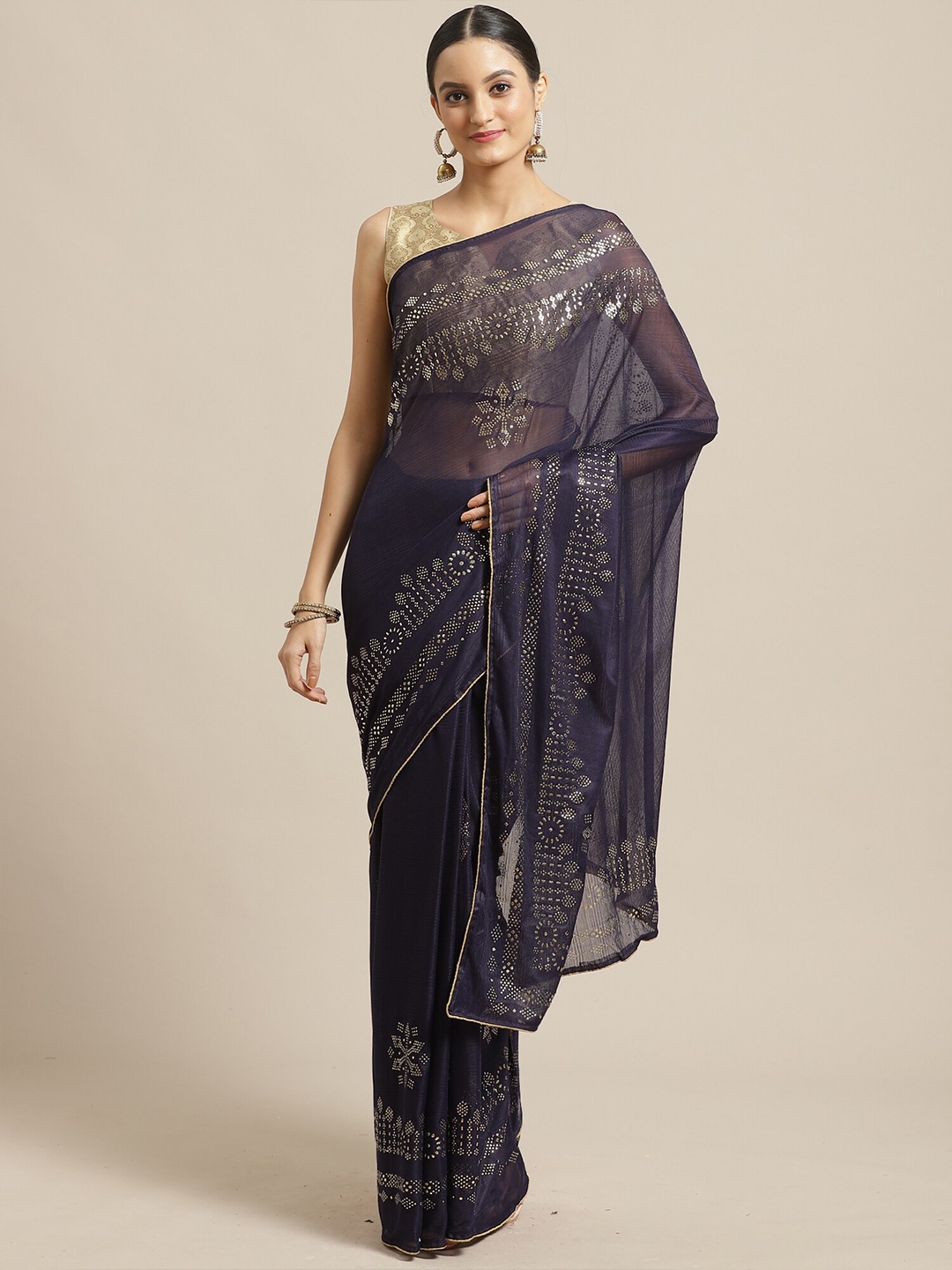 

Saree mall Navy Blue & Golden Embellished Sarees