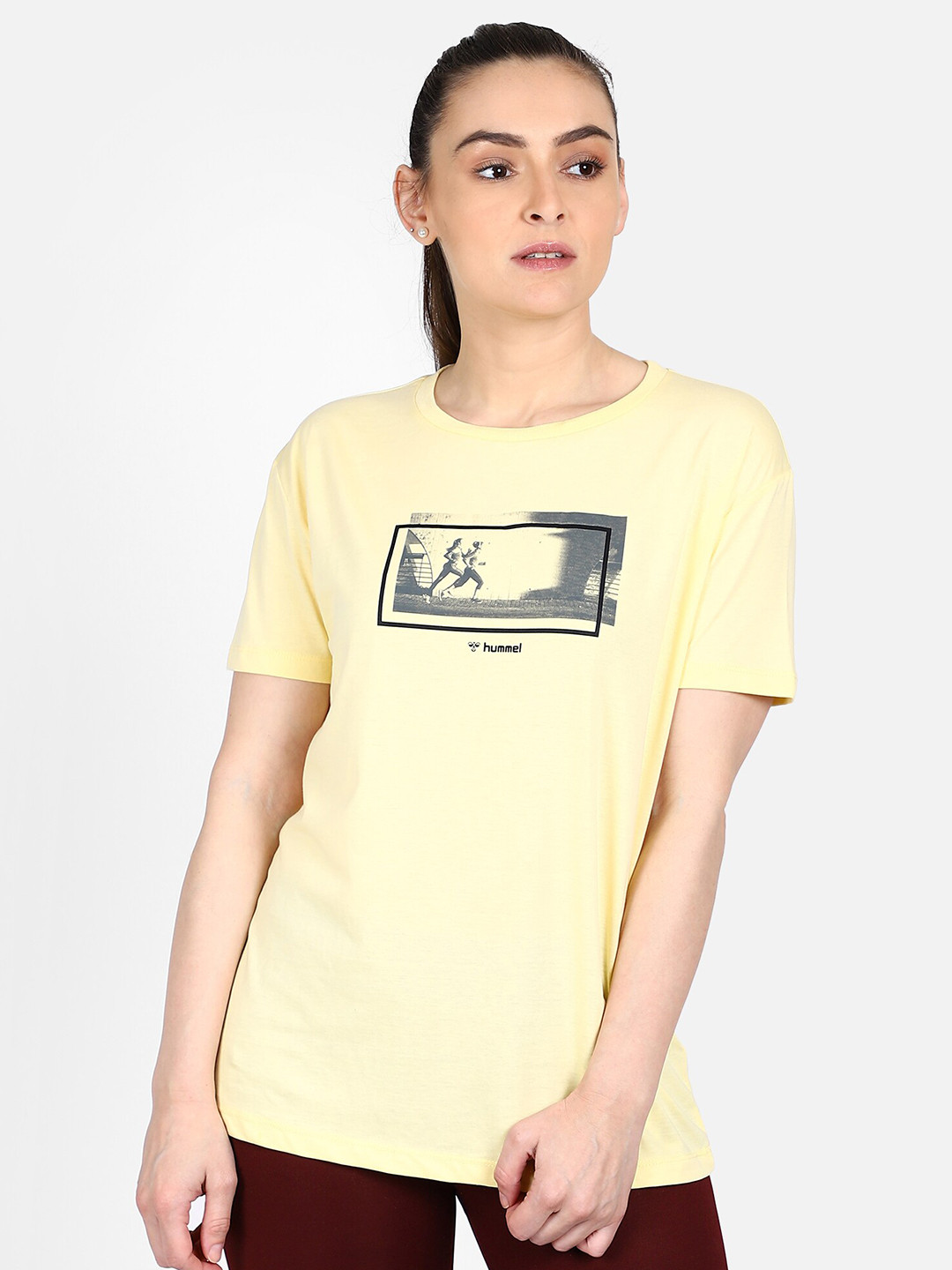 

hummel Women Yellow Printed Drop-Shoulder Sleeves T-shirt