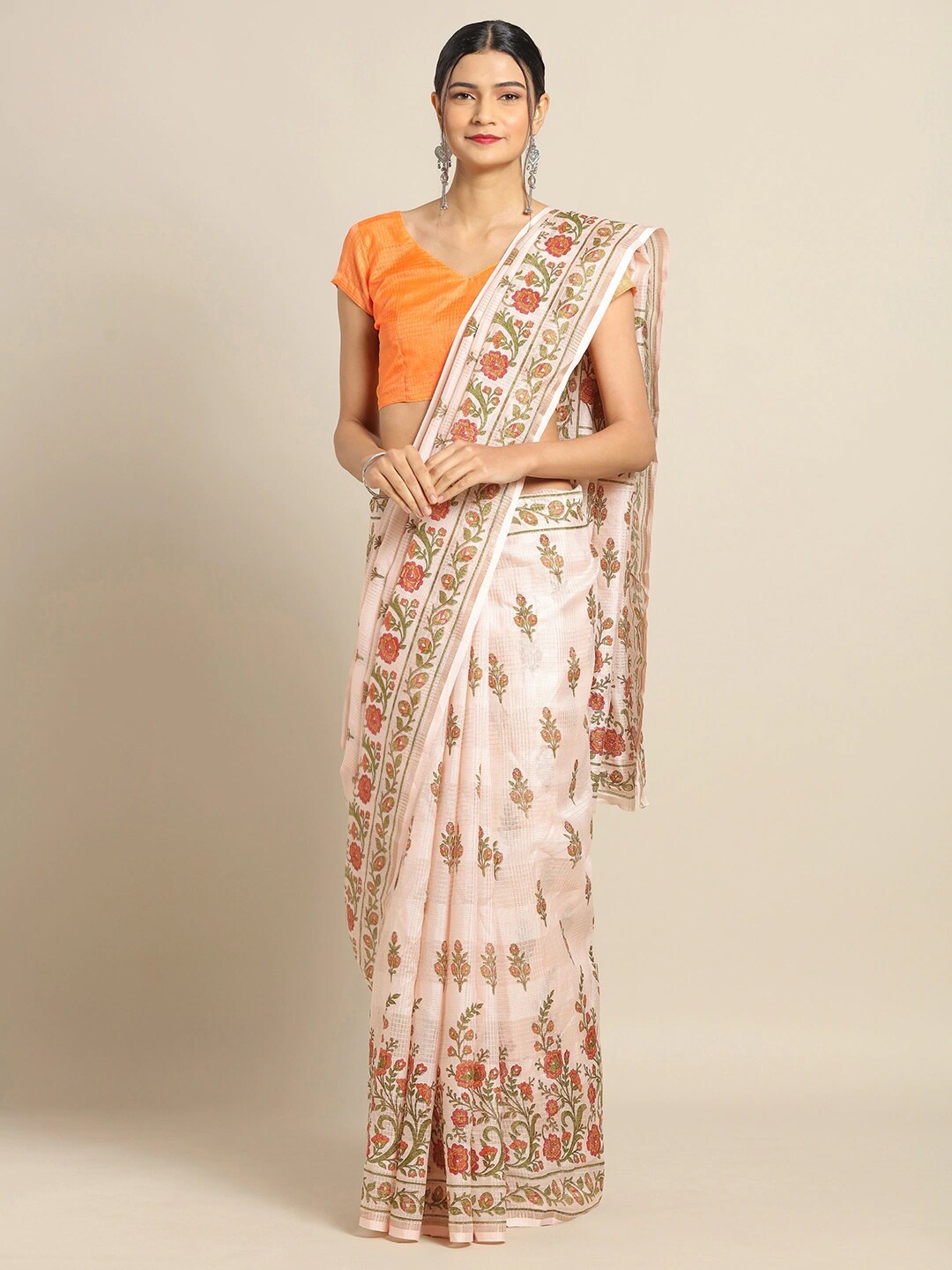 

Saree mall Peach & Brown Ethnic Motifs Linen Blend Sarees